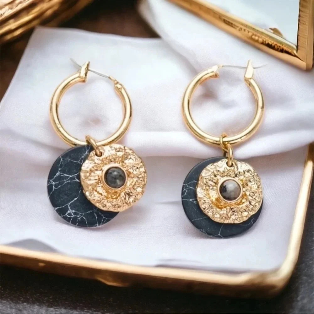 1 LEFT! Howlite Mini Hoops Black Natural Stone Boho Gold